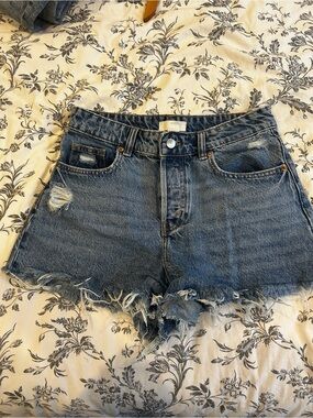 H&M Distressed High-Rise Denim Shorts - Blue